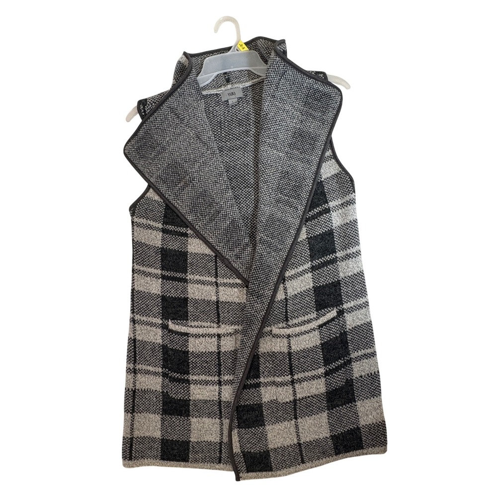Yaira Plaid‎ Knit Vest Women Large Gray Black Open Front Draped Cardigan